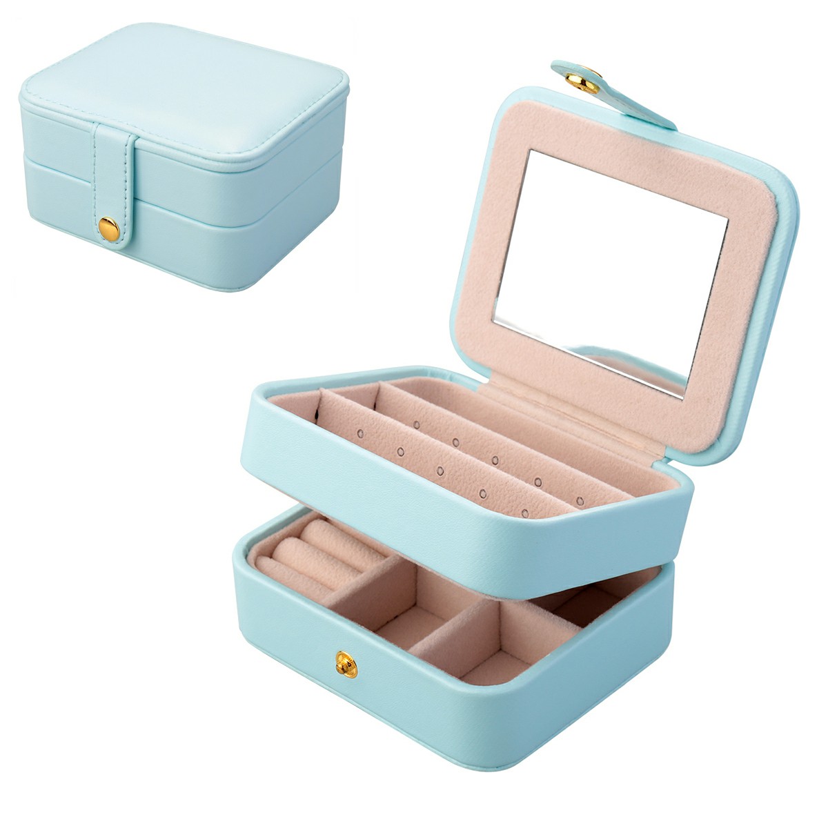 PU Double Layer Mini Storage Jewelry Box - Light Blue