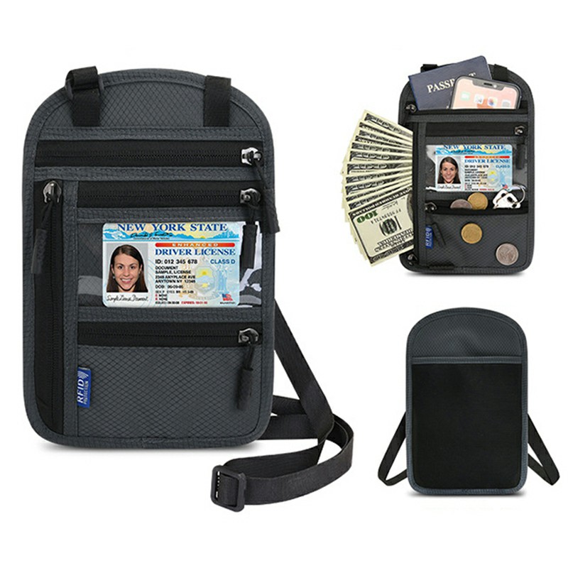 Multifunctinal Security Neck Rfid Bag Stash Pouch Wallet Bag Passport Holder Rfid Blocking for Travel - Grey